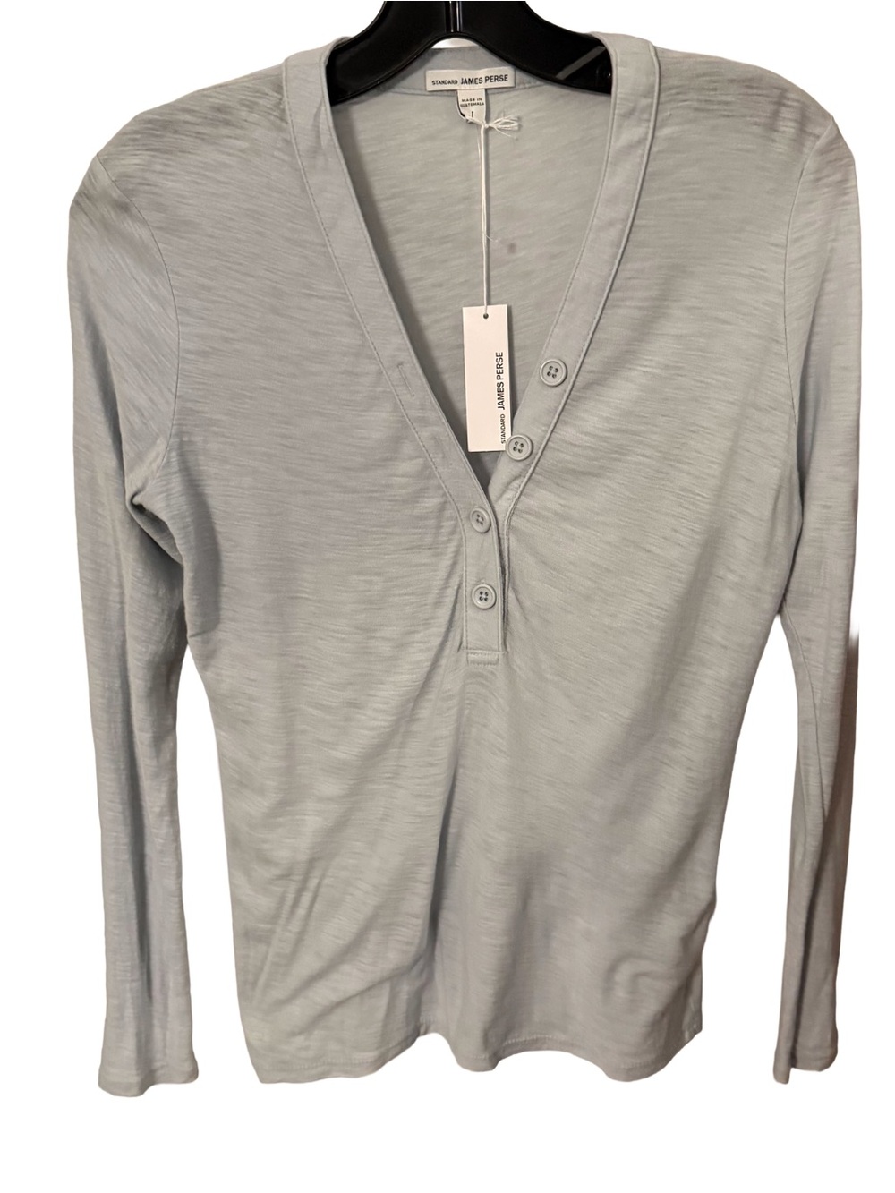 James Perse Women’s Jersey Henley Top V-neck Long Sleeves Glacier Sz S(1) NWT